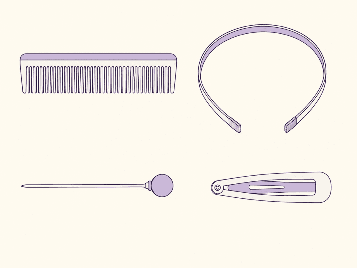 Overhead technical diagram of four fixings: comb, headband, pin and sprung clip